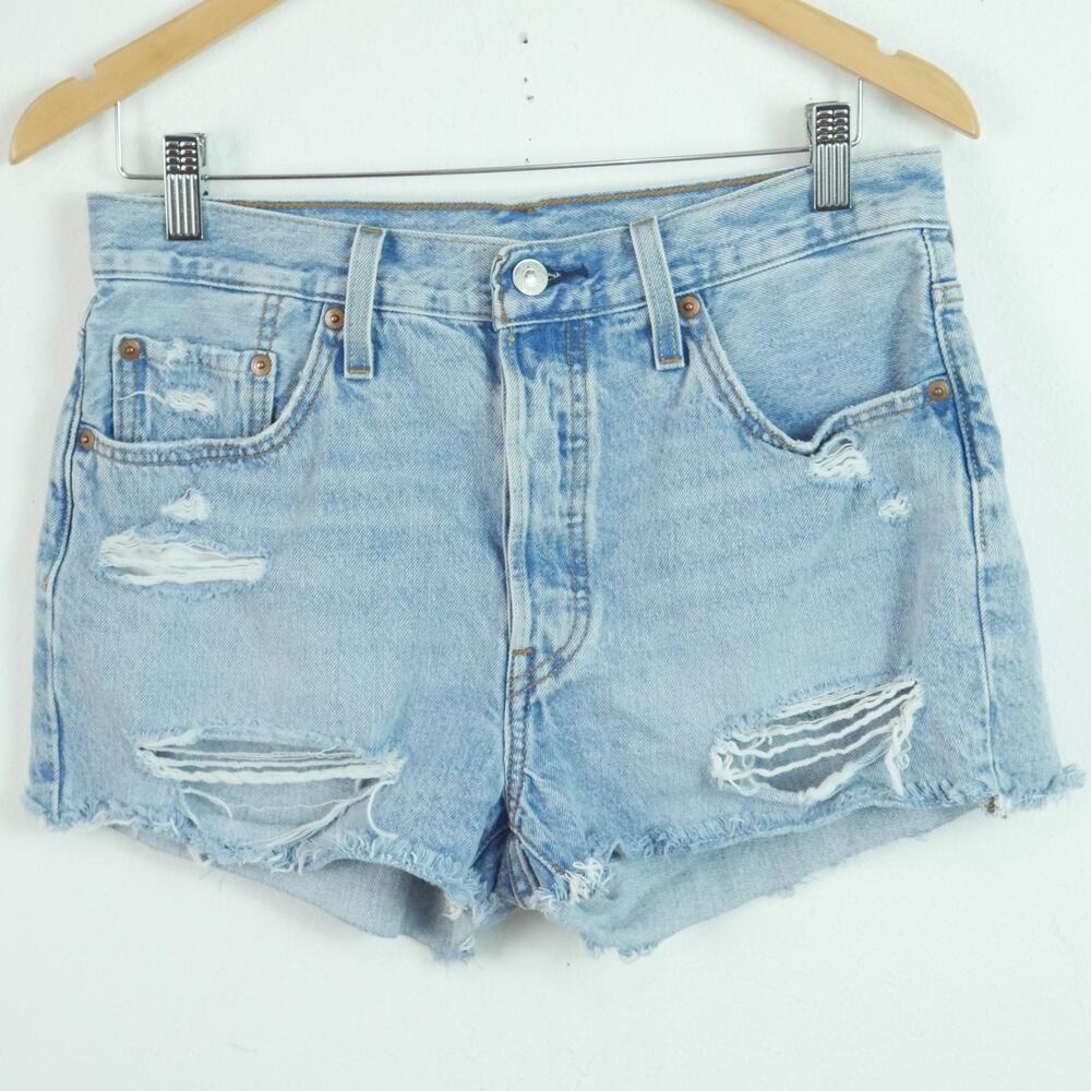 Levis 501 Jean Shorts Size 29‎ Light Wash Button Fly Distressed Denim Cowgirl